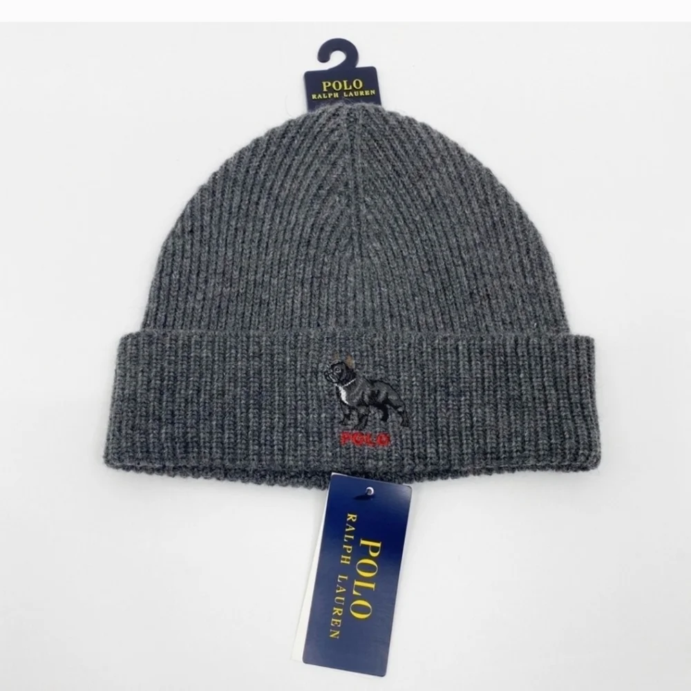 Polo Ralph Lauren Collectable Grey French Bulldog Dog Wool Beanie Hat NWOT